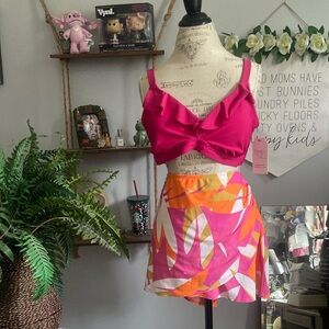 High Coverage Multi Colored Retro 2X (20-22)Swim Skirt Bikini Pink Orange White